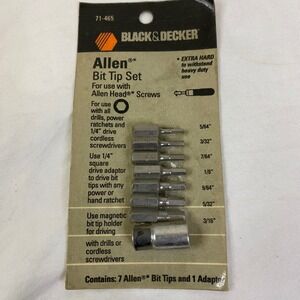 Black & Decker Allen Bit Tip Set 7-Piece Plus Adapter Extra‎ Hard Screws New
